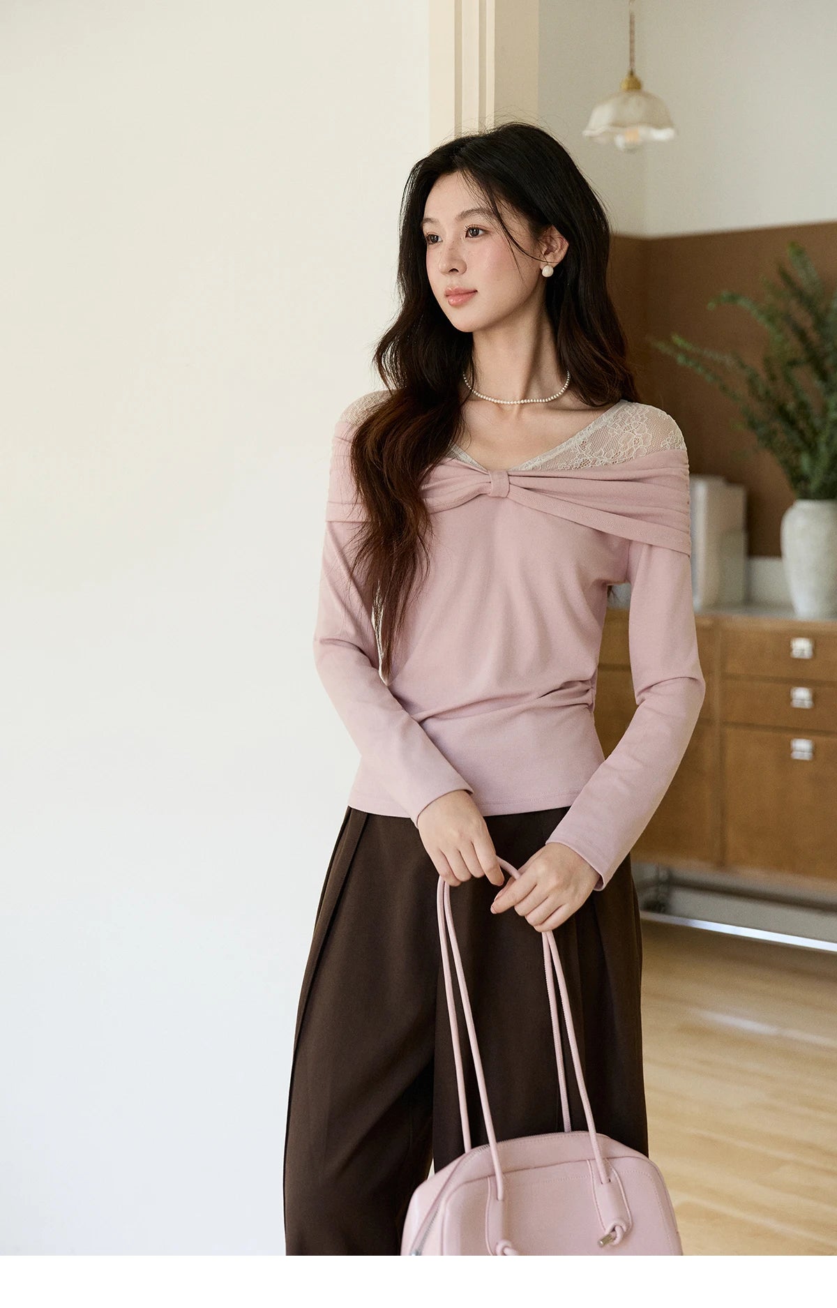 MISHOW Women's Lace Patchwork One Shoulder T-shirt 2026 Spring Twist Casual Slim Tees Sweet Pink Long Sleeve Tops MXF108Z1026