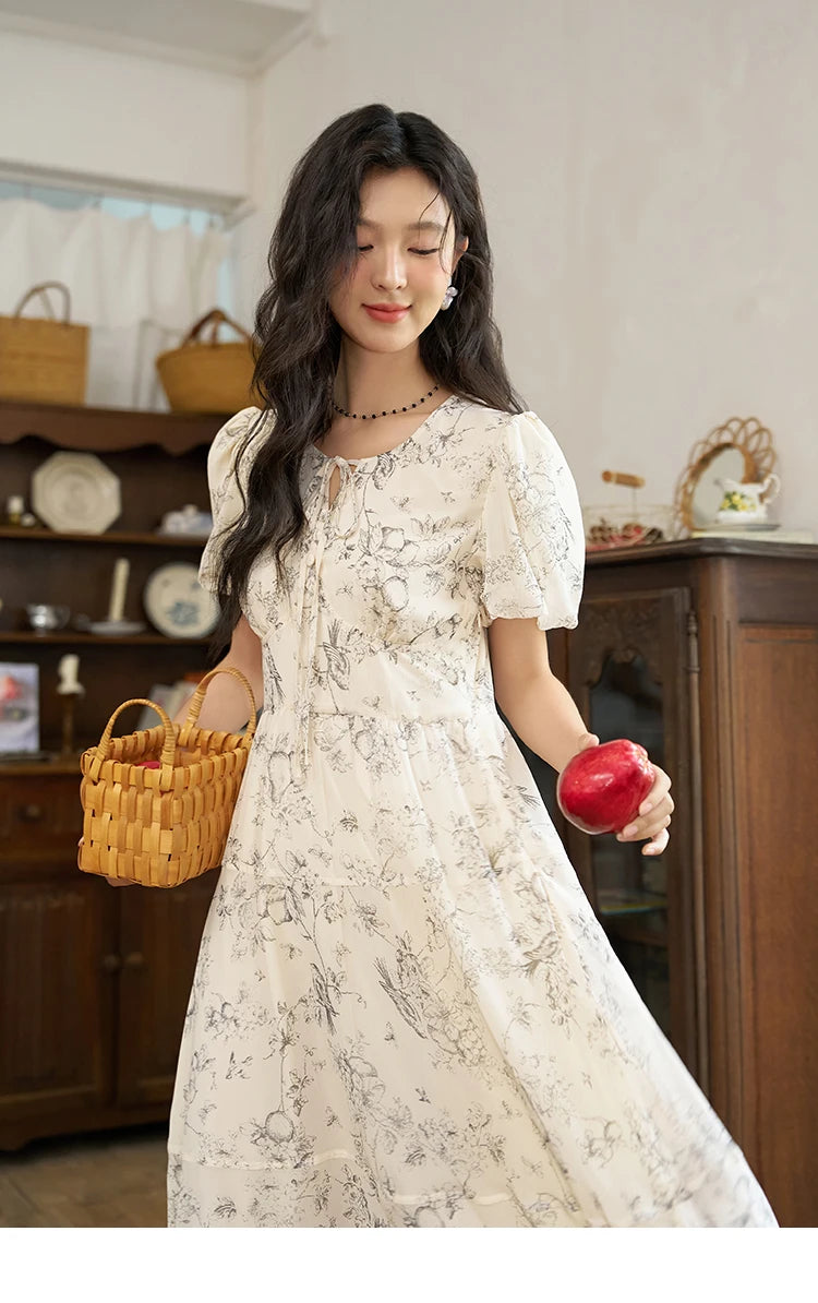 MISHOW Women's Print Chiffon Dresses 2025 Summer New Floral Short Sleeve Mid-length A-line Lace-up French Lady Dress MXD27L1841