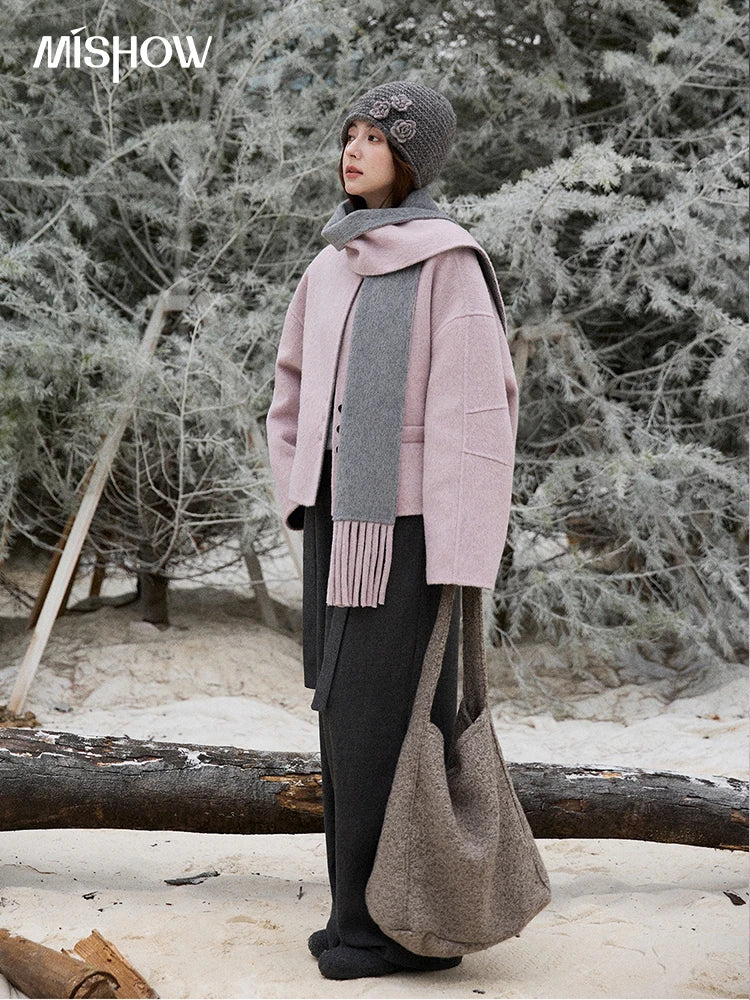 MISHOW Women's Tweed Wool Double-Faced Short Coat with Scarf 2025 Winter Loose Warm Outerwear O-neck Coat Office Lady MXE86W0977