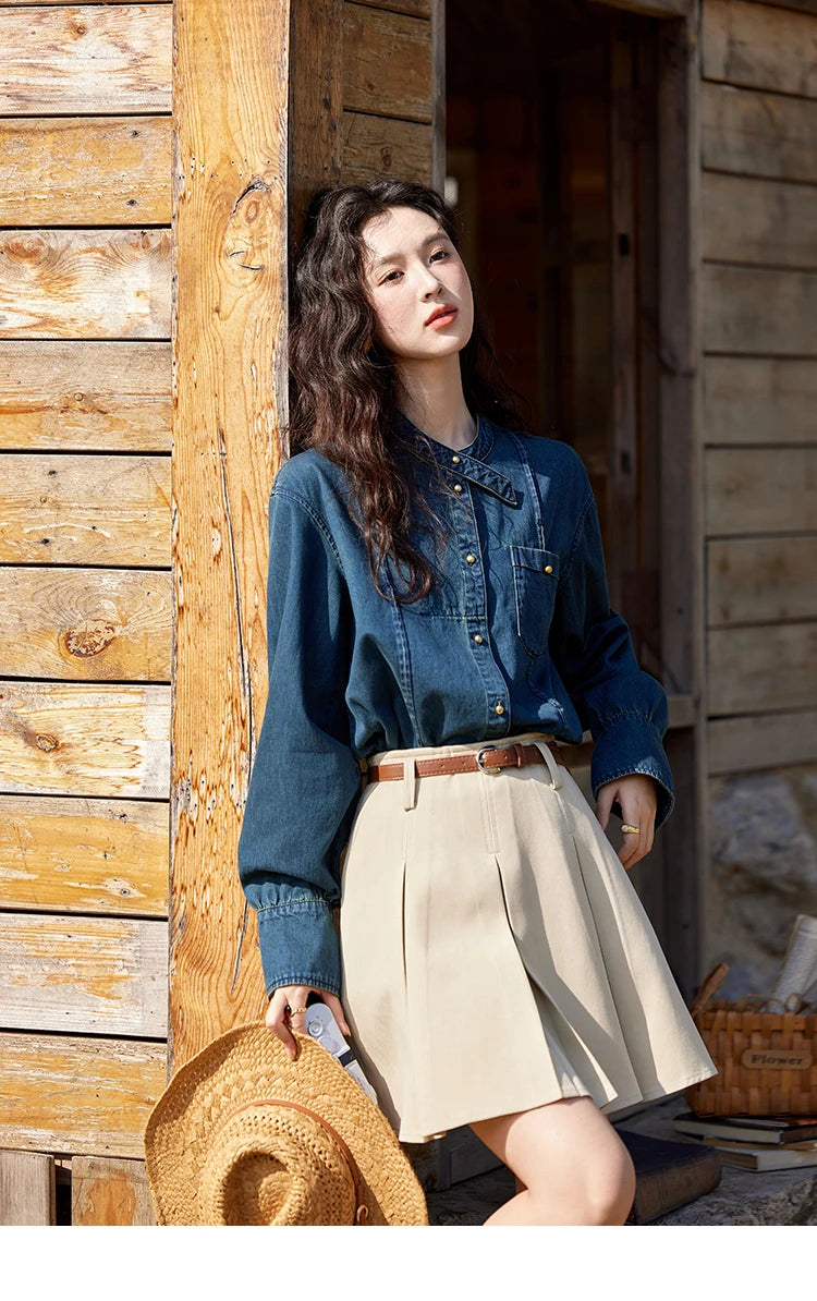 MISHOW 100 Cotton Denim Shirt French Retro Long Sleeved Shirt for Women 2025 Spring Loose Fit O Neck Casual Shirt Top MXE12C0384