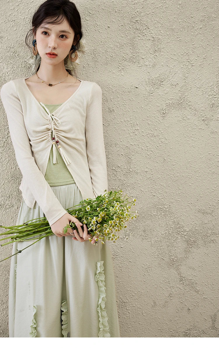 MISHOW Women's Fake Two Patchwork Knitted Spring 2025 Contrast Drawstring Strap Lace-up Tops Retro V-neck Thin Top MXE15Z1185