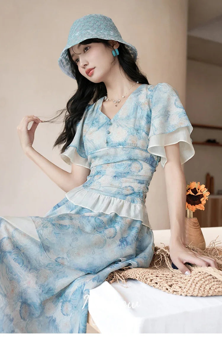 MISHOW [Van Gogh Collection] Fairycore Dresses 2025 Summer Double Layer Sleeves Asymmetrical V-Neck Printing Dress MXC39L1527