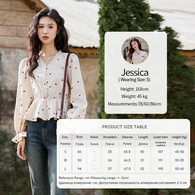 MISHOW Women's Love Embroidered V-neck Blouses 2025 Spring Linen Cotton Retro Slim Tops Sweet Waist Ruffle Blouse MXE13X1700