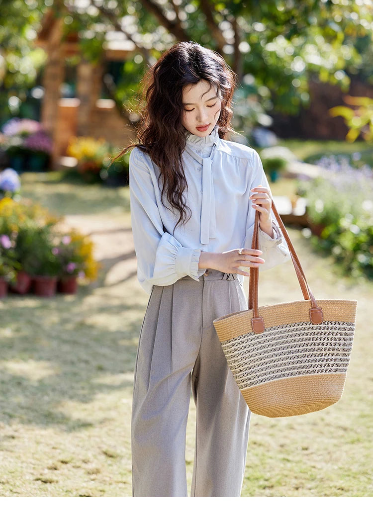 MISHOW French Ribbon Stringy Selvedge Neck Shirt for Women Spring 2025 Slim 100 Lyocell Shirts Solid Commuter Tops MXE13C0383