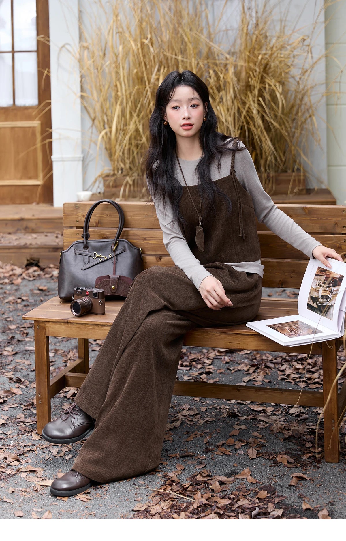 MISHOW Three-piece Suit Women 2025 Retro Brown Vest Wide-leg Pants Gray Long Sleeves Tops Autumn Women's Pants Set MXE49T1422