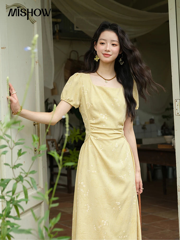 MISHOW Women's Clothing Fashion Square Neck Puff Sleeve Dress Summer 2025 New Bamboo Leaf Jacquard Pattern Dresses MXE39L2415