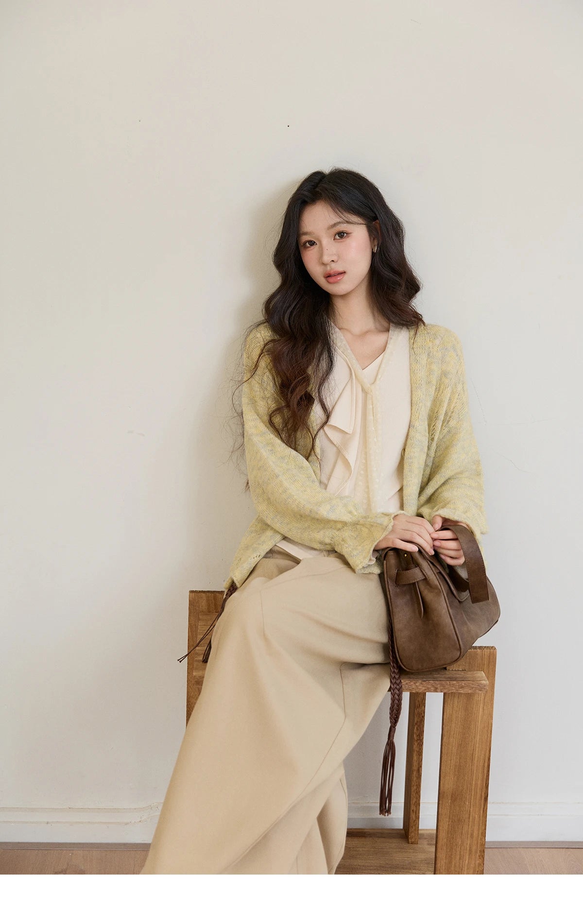 MISHOW Women's V-neck Splicing Lace Ribbon Long Sleeve Tops Spring Ruffled Asymmetrical Hem Flare Sleeve Knitwear MXF108Z1016