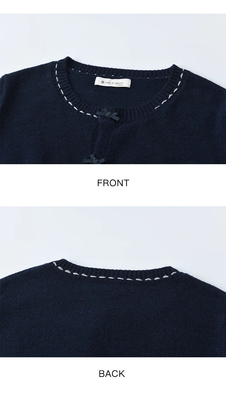 MISHOW Christmas Soft Knitted Cardigan Autumn Bow Placket Retro with Brooch Lantern Sleeve Sweaters O Neck Solid Top MXE45Z1377