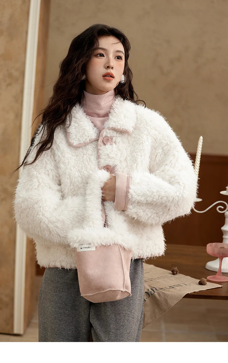 MISHOW Lamb Wool Jacket Women Suede Plush Thick Coat Spliced Turn-Down Collar Sweet Soft Senior Jacket Office Lady MXD59W0753