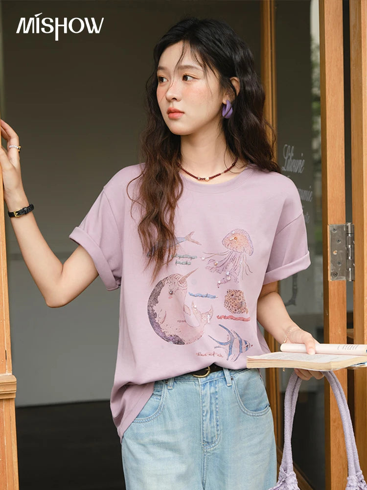 MISHOW Fashion Print T-shirts for women 2025 Summer New O-Neck Loose Casual Short Sleeve Cotton Top Female Clothing MXE36T0575