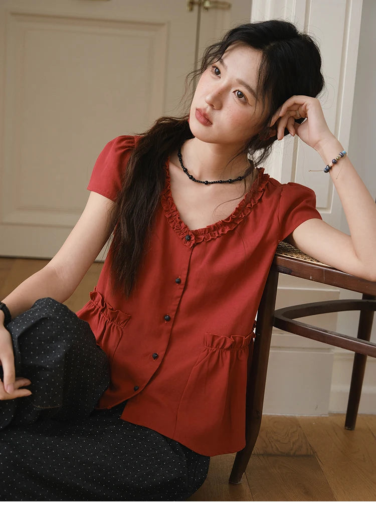 MISHOW Women's Summer Clothes 2025 Fashion Mushroom Edge V-neck Blouse Office Lady Casual Short Sleeve Button Top MXE38X1867