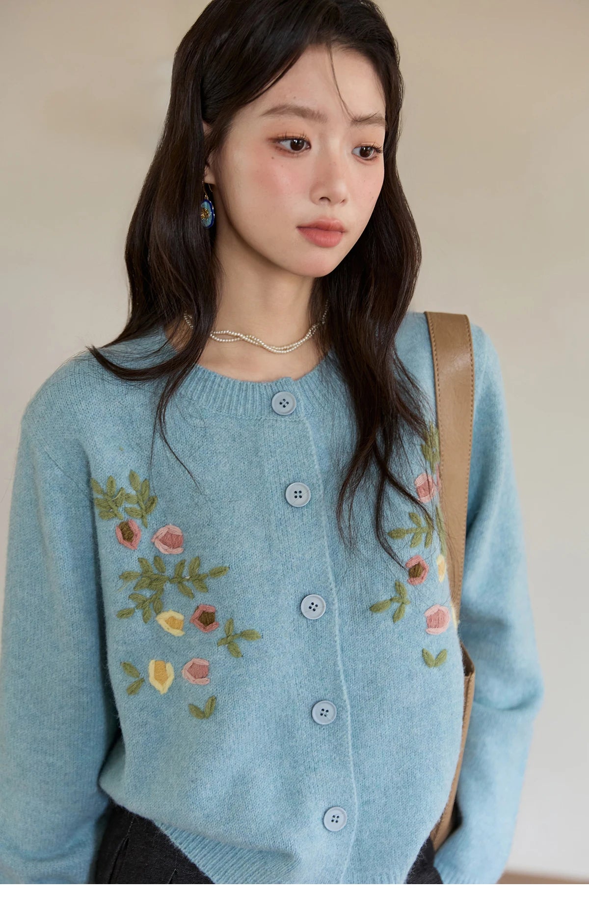 MISHOW Blue Floral Embroidered Cardigan for Women 2025 Autumn Winter New Loose Crew Neck Long Sleeves Sweater Wool MXE51Z2695