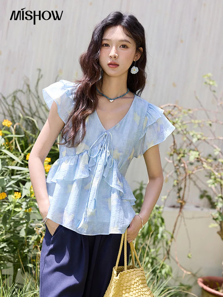 MISHOW Blue Double-layer Ruffled Linen V-neck Blouse for Women Summer 2025 Slim Flying Sleeve Breathable Lace-up Tops MXE33X1819