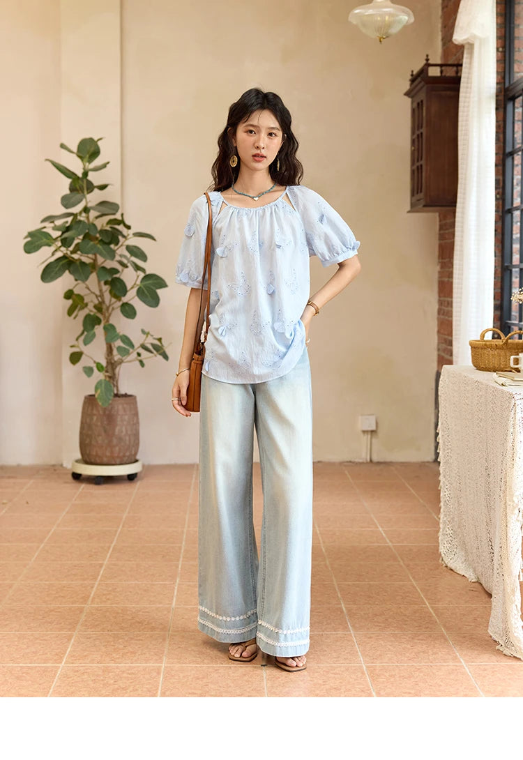 MISHOW Women's Butterfly Embroidery Blouse 2025 Summer New Fashion Hollow Out O-Neck Casual Top Female Clothing MXE36X1878