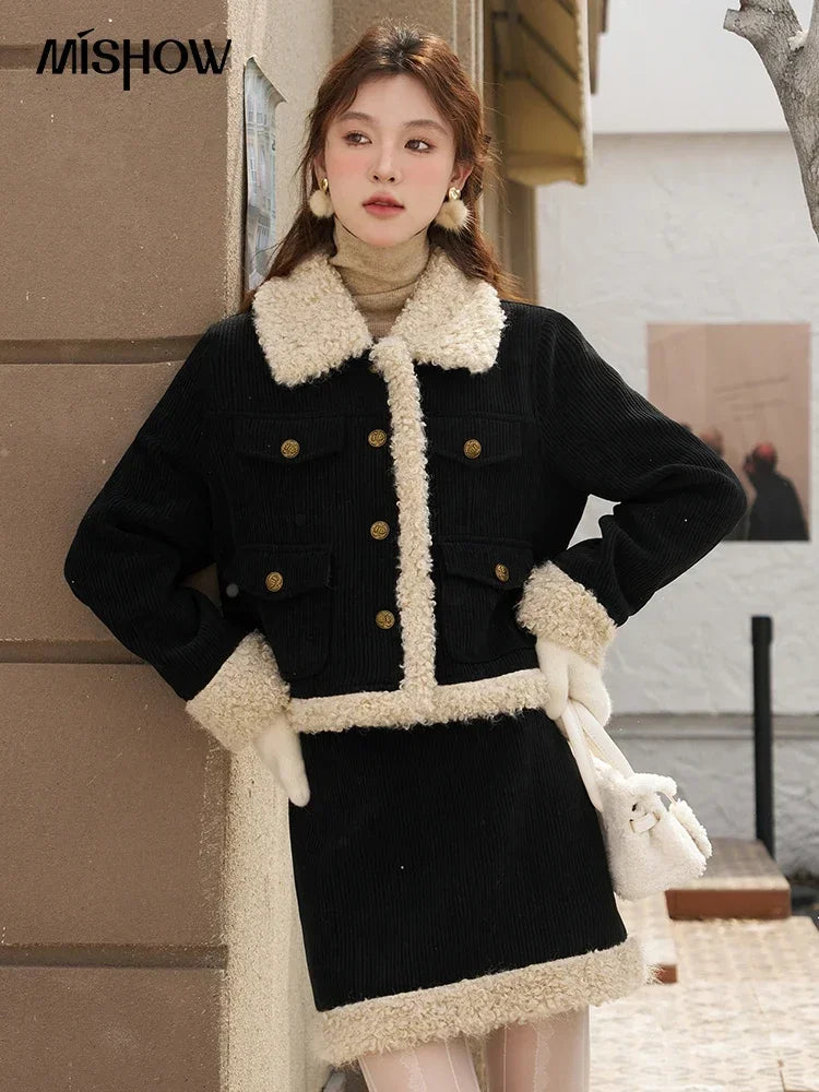 MISHOW French Corduroy Skirt for Women Outfit Winter Warm High Quality Plush Patchwork Jacket Mini Skirt Separately MXC57W0180
