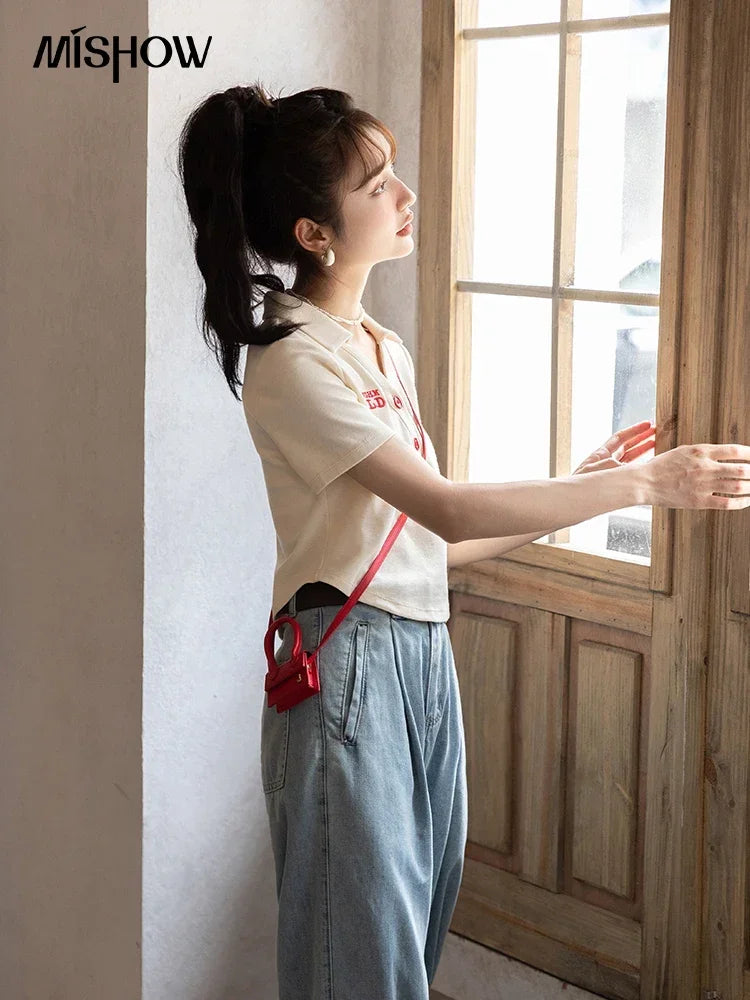 MISHOW Summer T-shirts for Women Korean Fashion Polo Collar Embroidery Letter Short Tops Harajuku Casual Solid Tees MXB32T0477