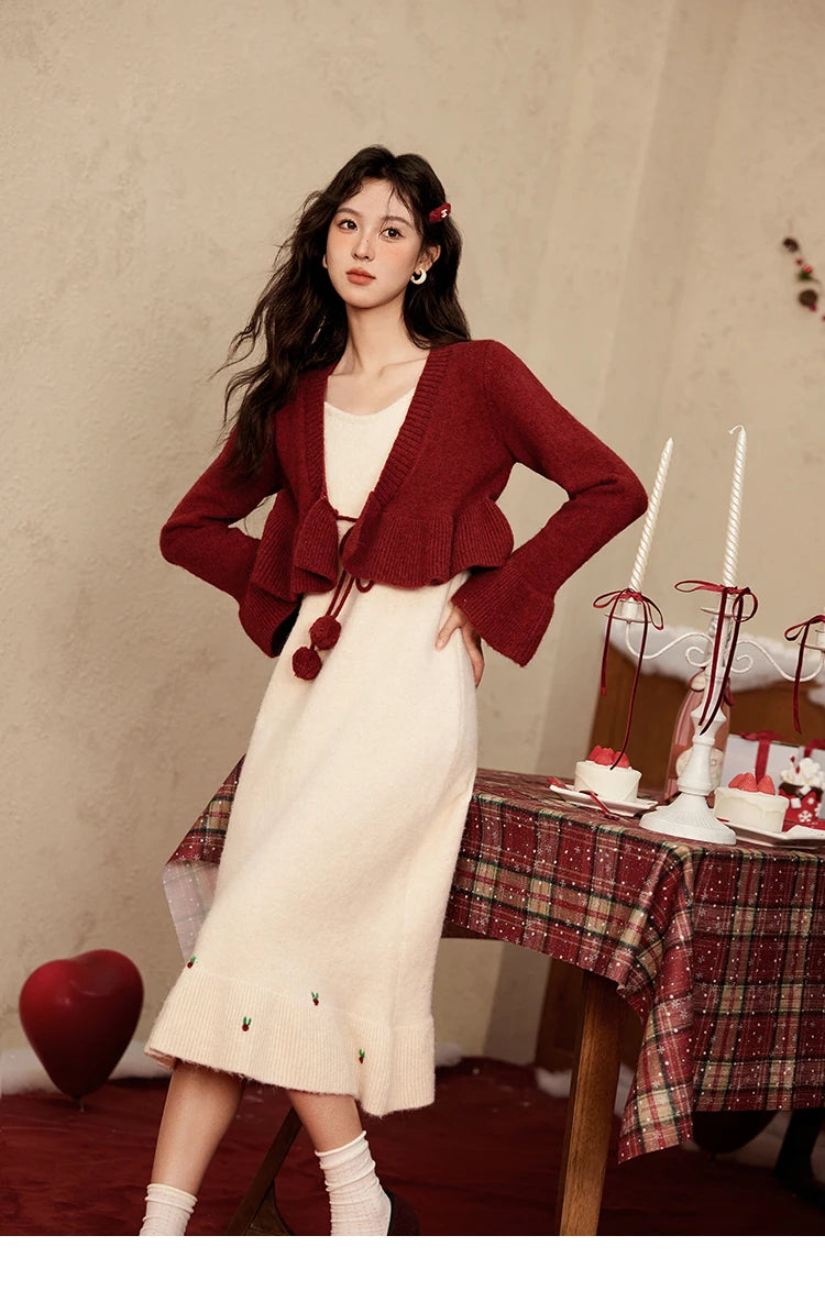 MISHOW Christmas New Year Ruffle Strap Dress Pom-Pom Lace-up Knitted Cardigan Sepertely 2024 Hem Fish Tail Dresses MXD59L2133