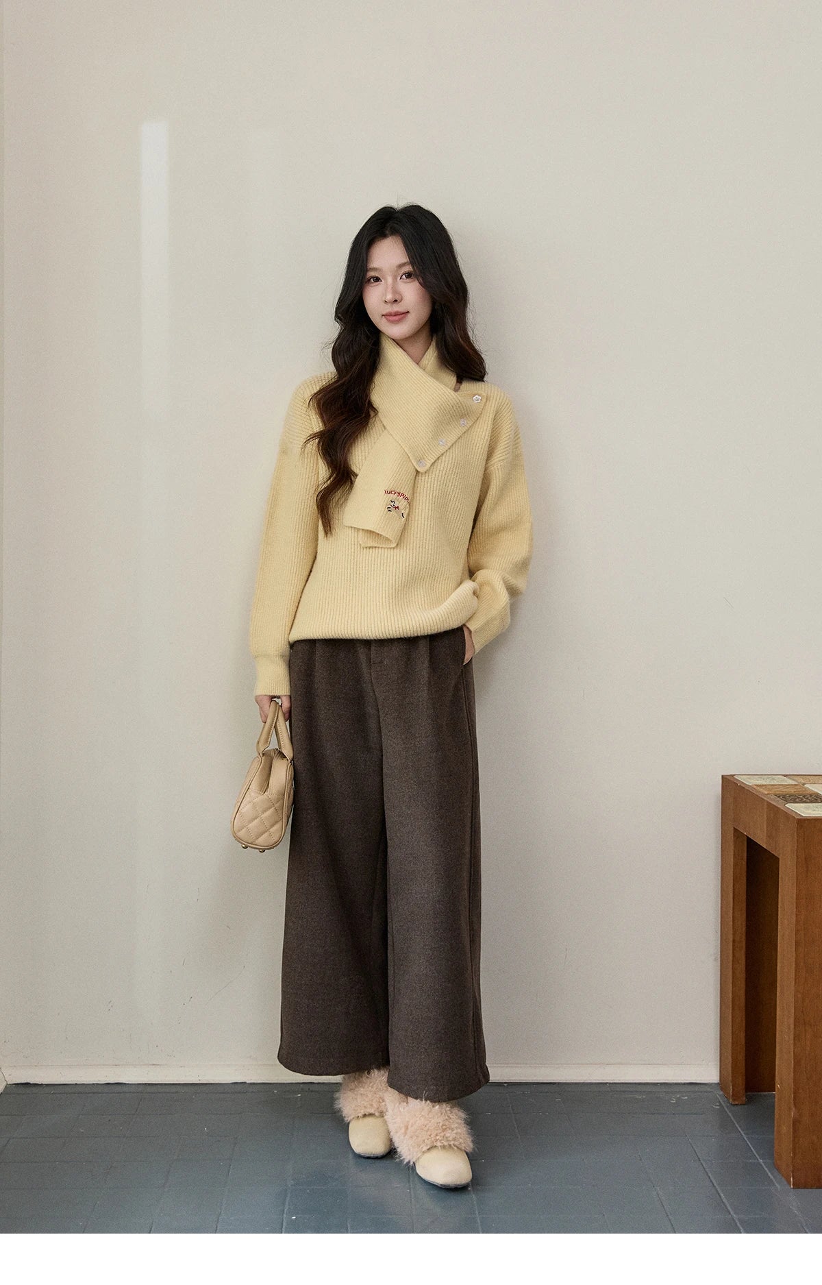 MISHOW Women's Yellow Sweater with Detachable Scarf 2025 Autumn Winter Loose Casual Warm Thickened Knit Pullover MXE93Z2953