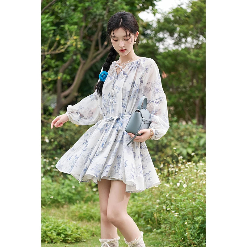 MISHOW Fairy Temperament Floral Puff Sleeved Chiffon Dress Spring Summer 2025 Lace-up O Neck Waist Knee-Length Dress MXD14L1681