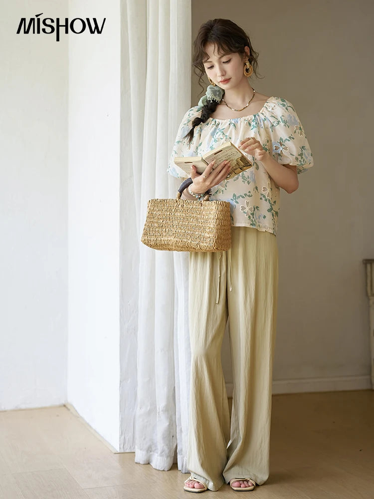 MISHOW Floral Hollow Blouse for Women 2024 Summer Korean Square Collar Elastic Blouses Sweet Puff Sleeve Loose Tops MXD29X1602