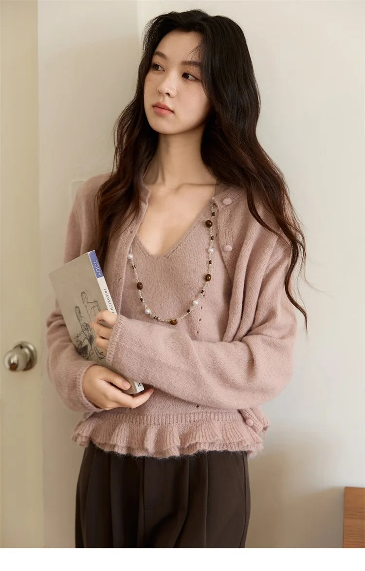 MISHOW Knit Cardigan for Women 2025 Autumn Elegant Pink Crew Neck Cardigan Loose Suspenders Two-piece Suit for Women MXE48T1404
