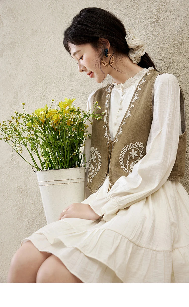 MISHOW Spring Elegant Vests Dress Separately Women 2025 Solid Long Puff Sleeve Midi Dresses Print Denim Vest Fashion MXE16L2197