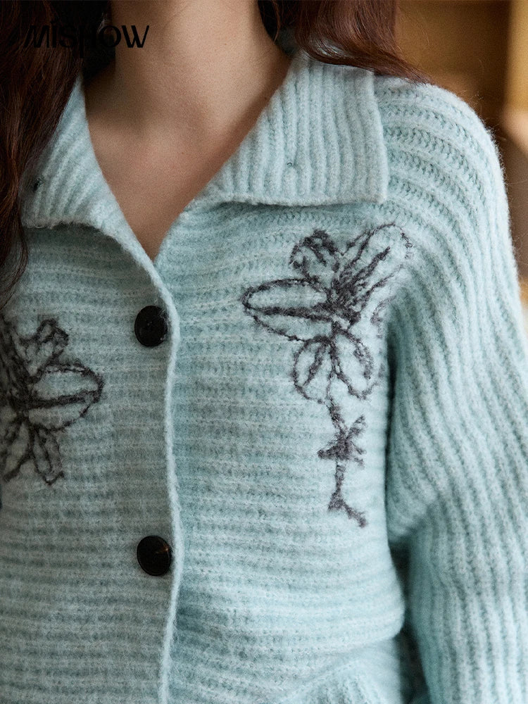 MISHOW Flower Jacquard Knit Cardigan Woman 2025 Winter Retro Luxury Loose Blue Stand-up Collar Outerwear Casual Top MXE86Z2665