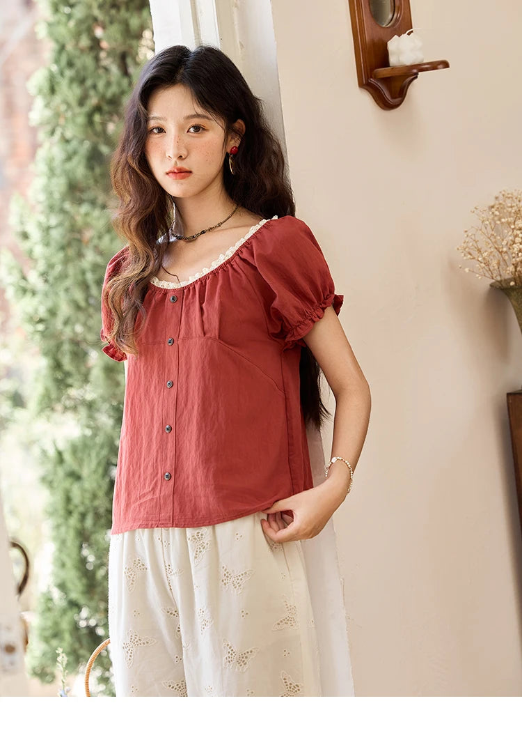 MISHOW French Summer Shirts for Women 2025 Short Puff Sleeve Lace Colla Slimming Blouses Female Sweet Fashion New MXE35X1827