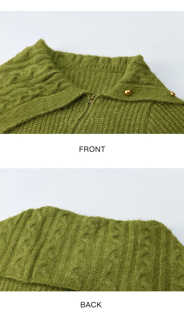 MISHOW Woman Green Sweater 2025 Winter Wool Blend Long-pile Large Lapel Knit Top Loose Design Commute Pullovers MXE90Z2760