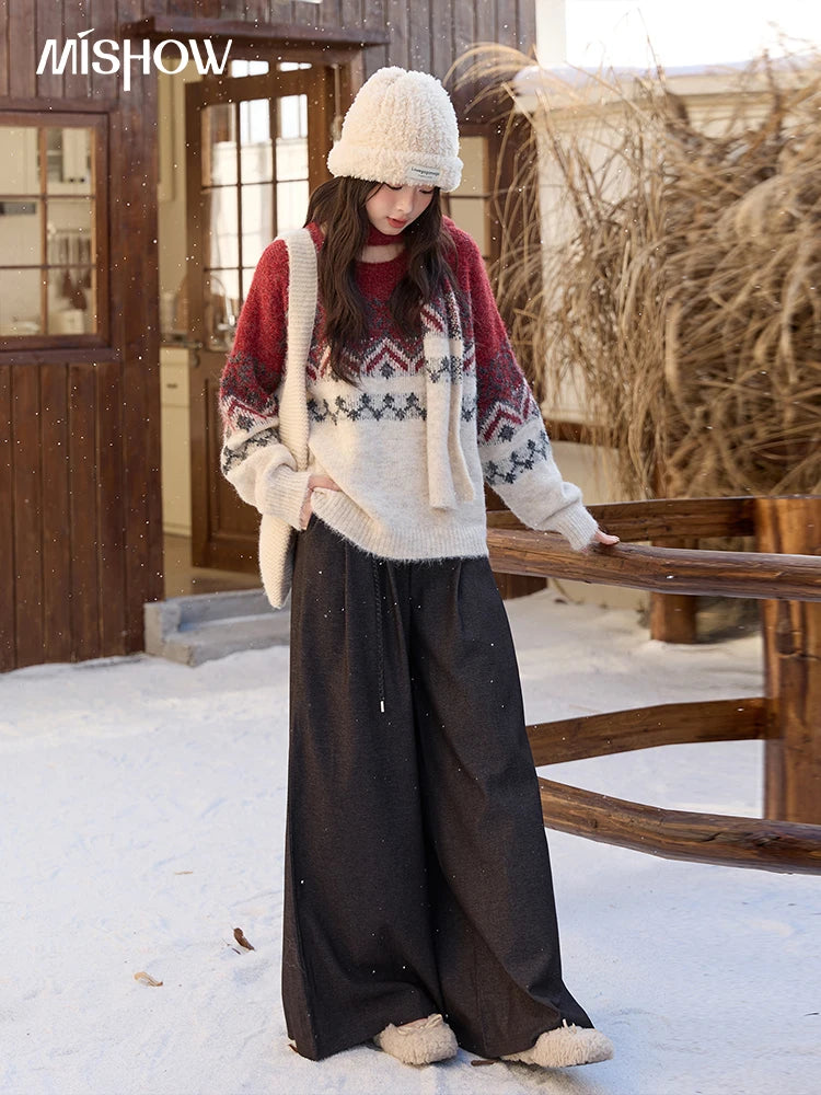 MISHOW Christmas Jacquard Retro Sweater Winter Geometric Red Scarf Fair Isle Sweater Wool Blend Thickened Knitted Top MXE51Z2628