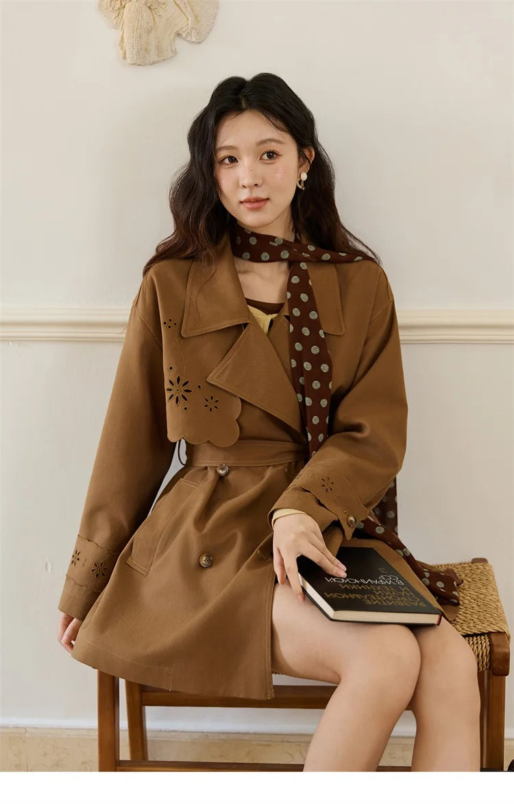 MISHOW Hollow Flower Trench Coat for Women Autumn 2025 Double Breasted Retro Trench with Slant Pocket Belt Coats MXE46W0838