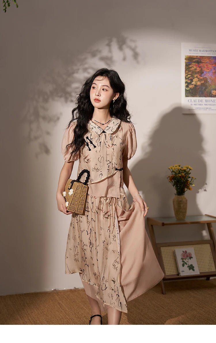 MISHOW Chinese Polo Neck Top Asymmetric Fork Skirt Separately Summer Floral Puff Sleeve Shirt High Waist A-line Skirt MXD22X1396