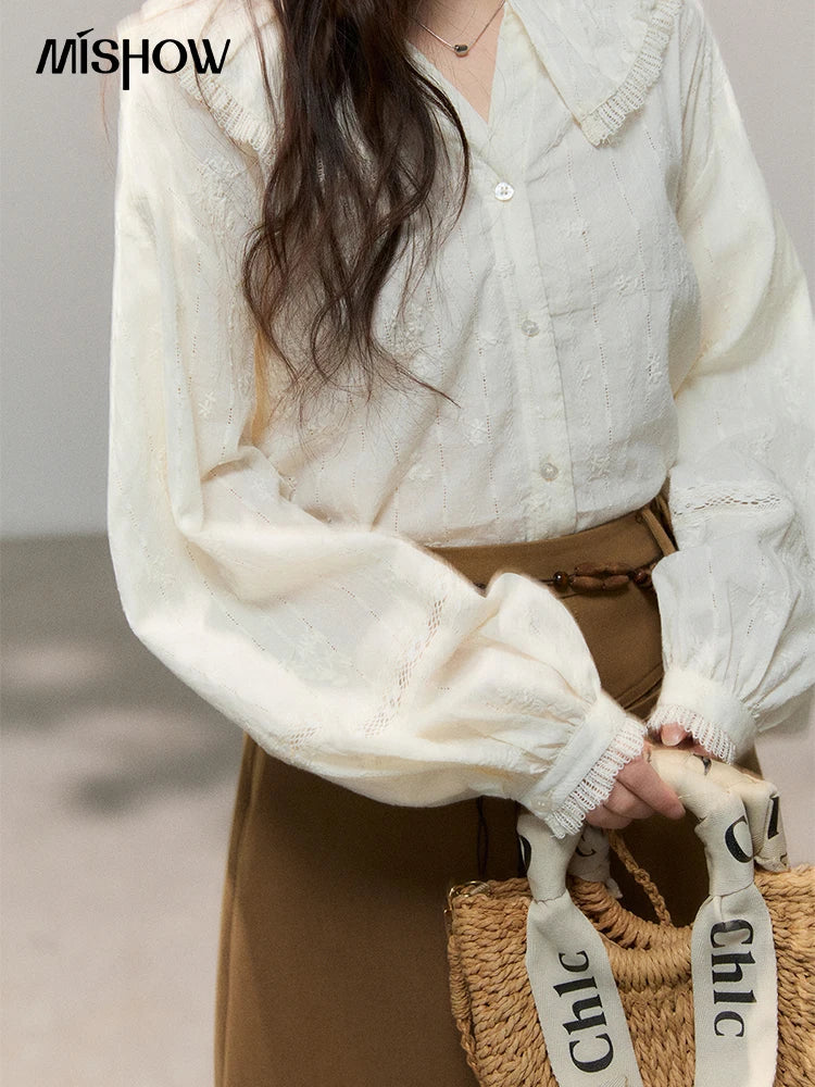 MISHOW Women's Beige Apricot Lace Shirts 2026 Spring Peter Pan Collar Micro Lantern Sleeves Top Casual Elegant Shirt MXF108C0813