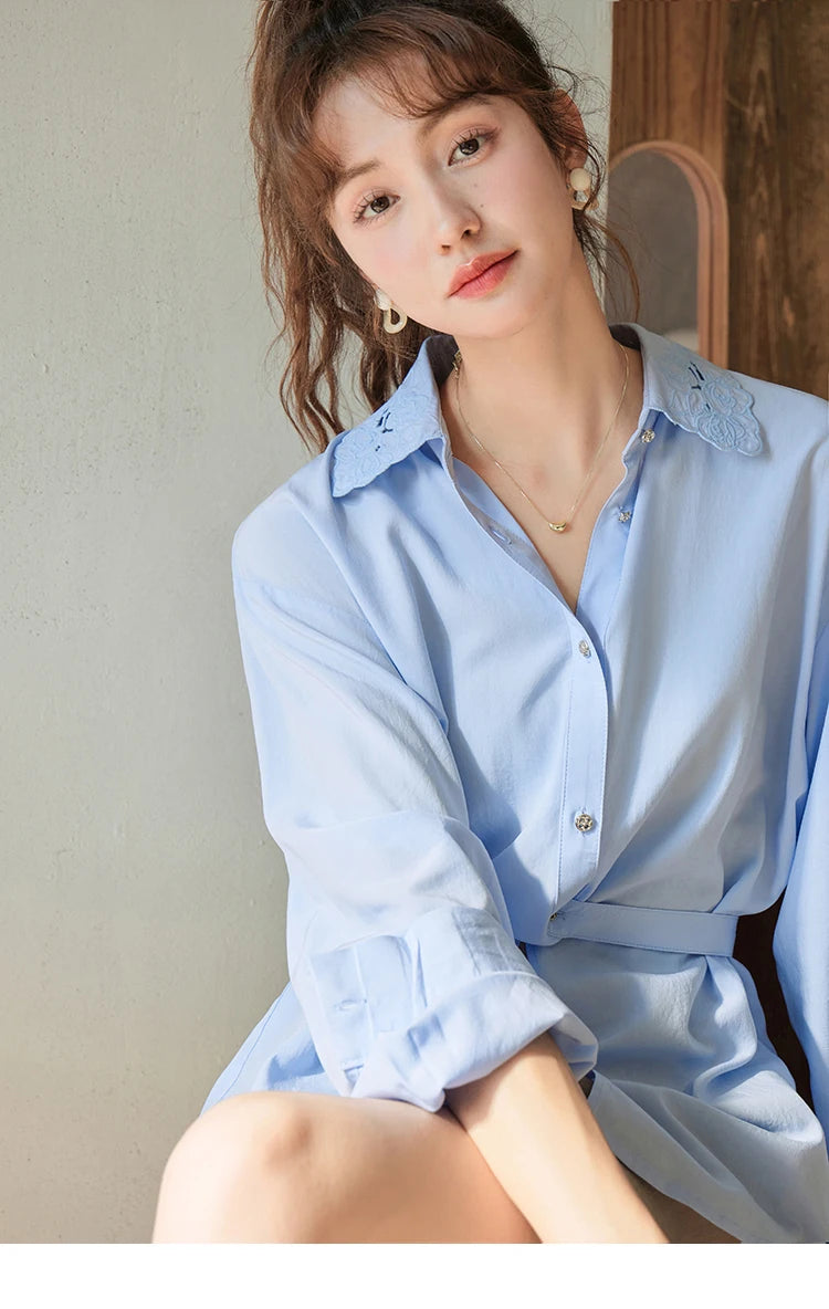 MISHOW Women's Casual Loose Shirt 2023 Autumn Turn-down Collar Embroidery Hollowed Out Single Breasted Mid Length Top MXC41C0077