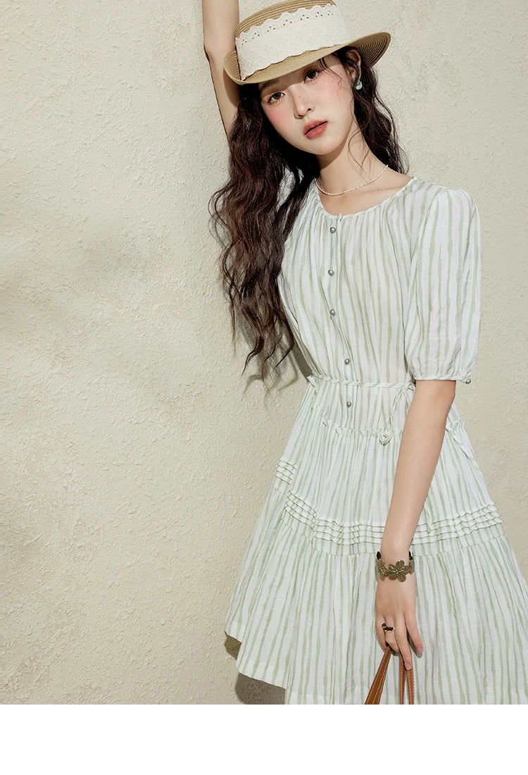 MISHOW French Green Striped Dress Women Summer 2025 Short Puff Sleeve Round Neck New Mid-length Dresses Woman Fashion MXE15L2141