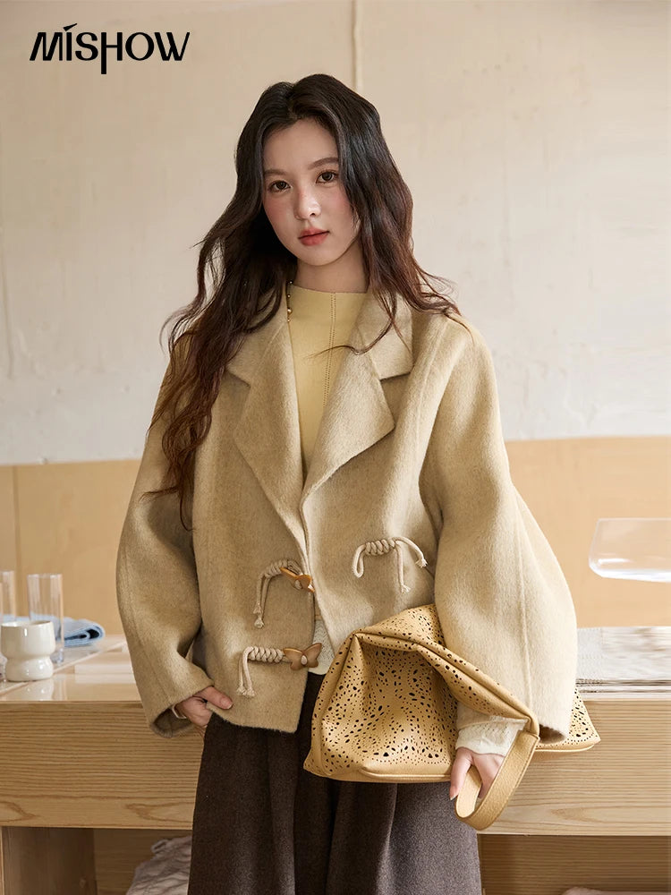 MISHOW 100%Wool Coat for Woman 2025 Winter Retro Apricot Double-faced Butterfly Button Coat Warm Long-sleeved Jacket MXE51W0887