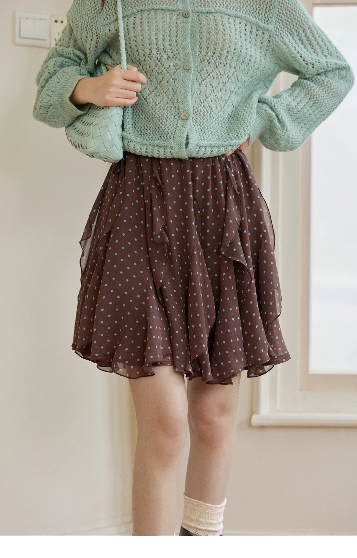 MISHOW Women's Brown Polka Dot Skirt Spring Irregular Ruffled Chiffon Elastic Waist Skirts Casual A-line Mini Skirt MXF13B2476