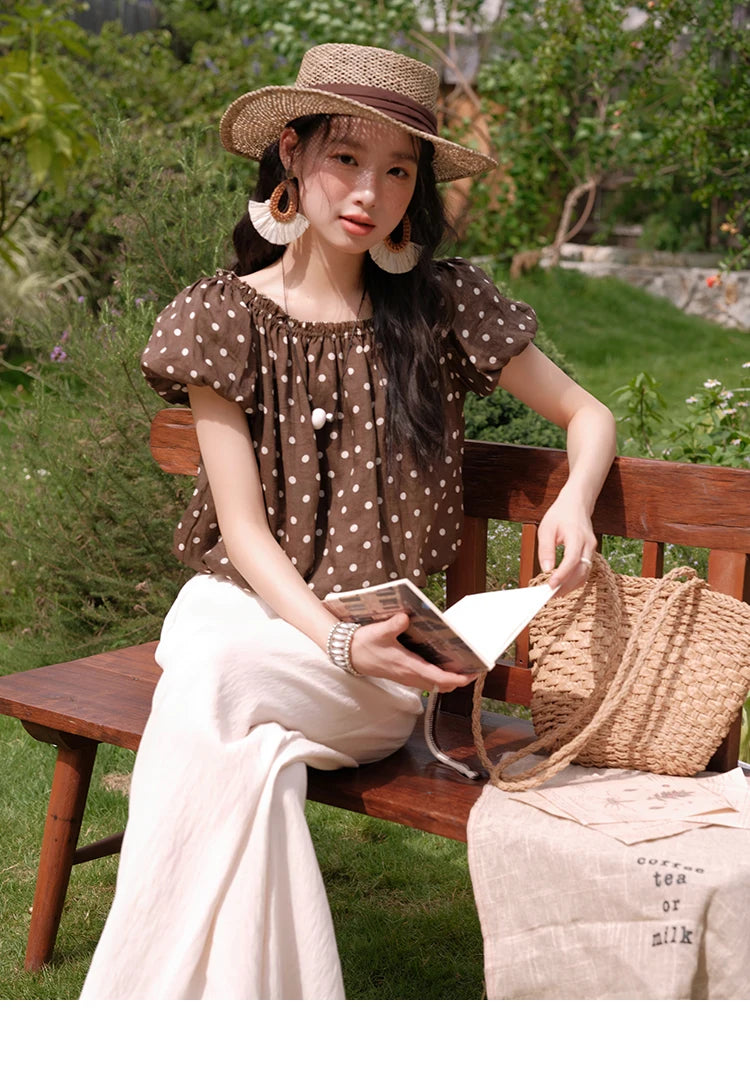 MISHOW Women's Two-Piece Set Fashion Polka Dot One Shoulder Puff Sleeve Blouse Summer 2025 Casual Wide Leg Pants Set MXE38T0683