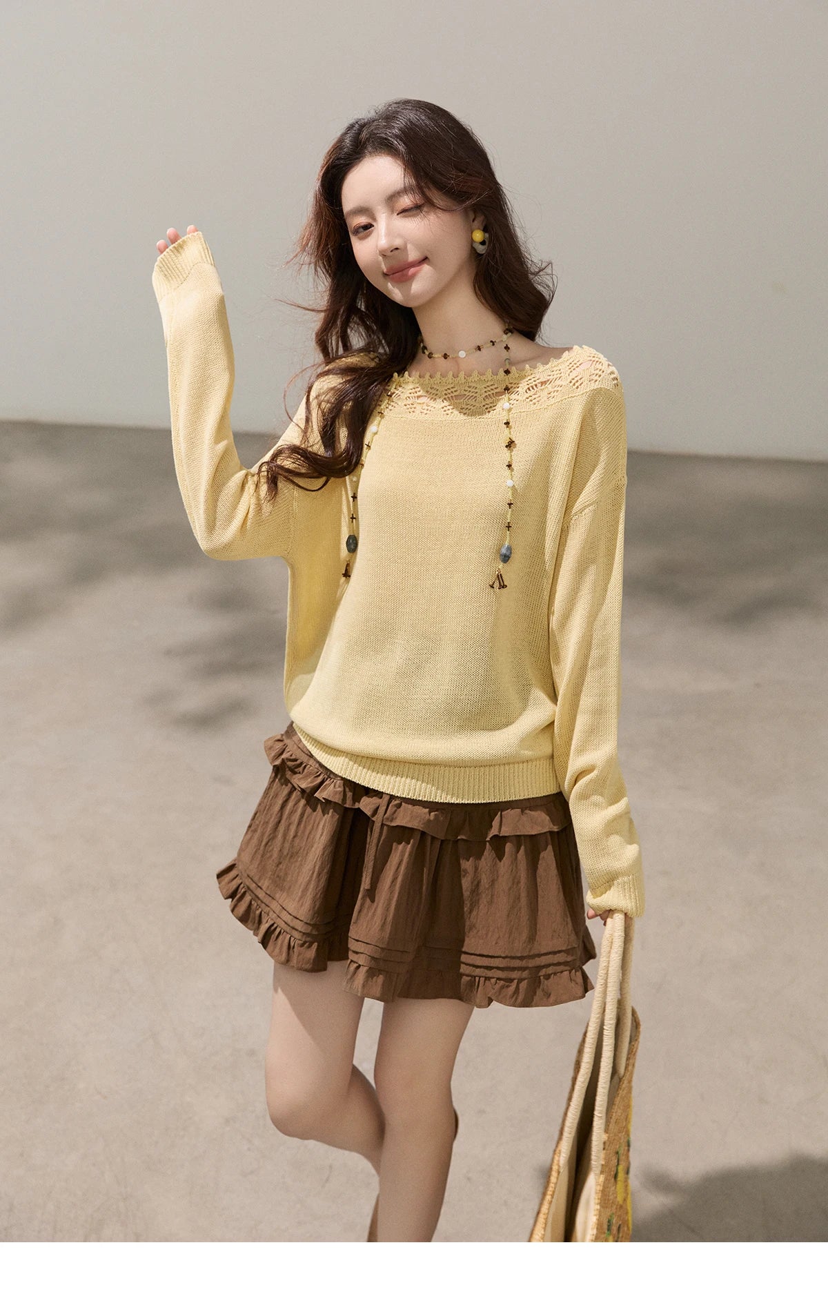 MISHOW Women's Hollowed Out Lace Trim Knit Tops 2026 Spring Boat Neck Long Sleeve Knitwear Casual Soft Yellow Sweater MXF15Z3050