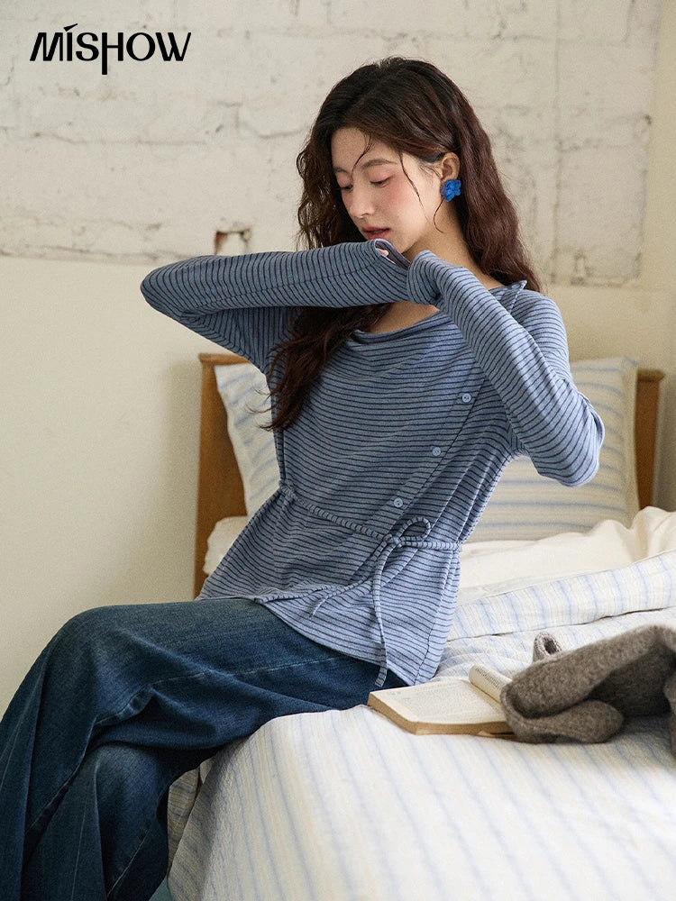 MISHOW Striped Knit Top for Women 2025 Winter Retro Crew Neck Tie-up Loose Top Commute Casual Long Sleeve T-Shirt MXE87Z2700