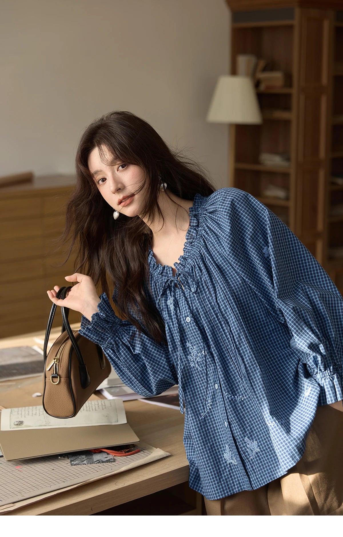 MISHOW Blue Plaid Embroidered Shirt Autumn 2025 Black Fungus Edge Collar Lace-up Doll Shirt 100cotton Loose Retro Top MXE44X2467