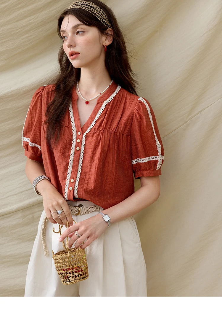 MISHOW French New Blouses Women Summer New 2025 Short Sleeve V-neck Color Matching Shirts Female Fashion Lazy Style MXE31X1766