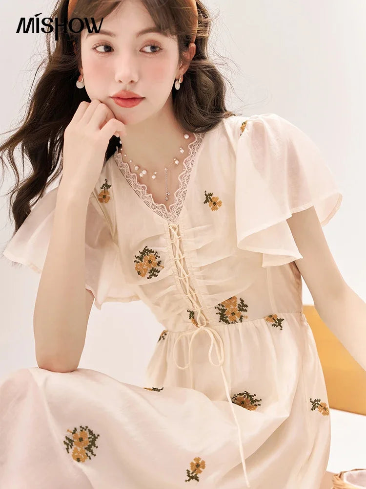 MISHOW [Van Gogh/Sunflower Collection] Embroidered Dress 2023 Summer Sweet Butterfly Sleeve V Neck Lace Splice Dress MXC39L1524