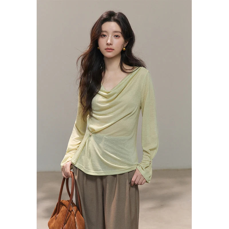 MISHOW Women's Multi Colored Knitted Top 2026 Spring Swinging Collar Flare Sleeve Top Side Twist Whist Casual T-Shirt MXF13T1473