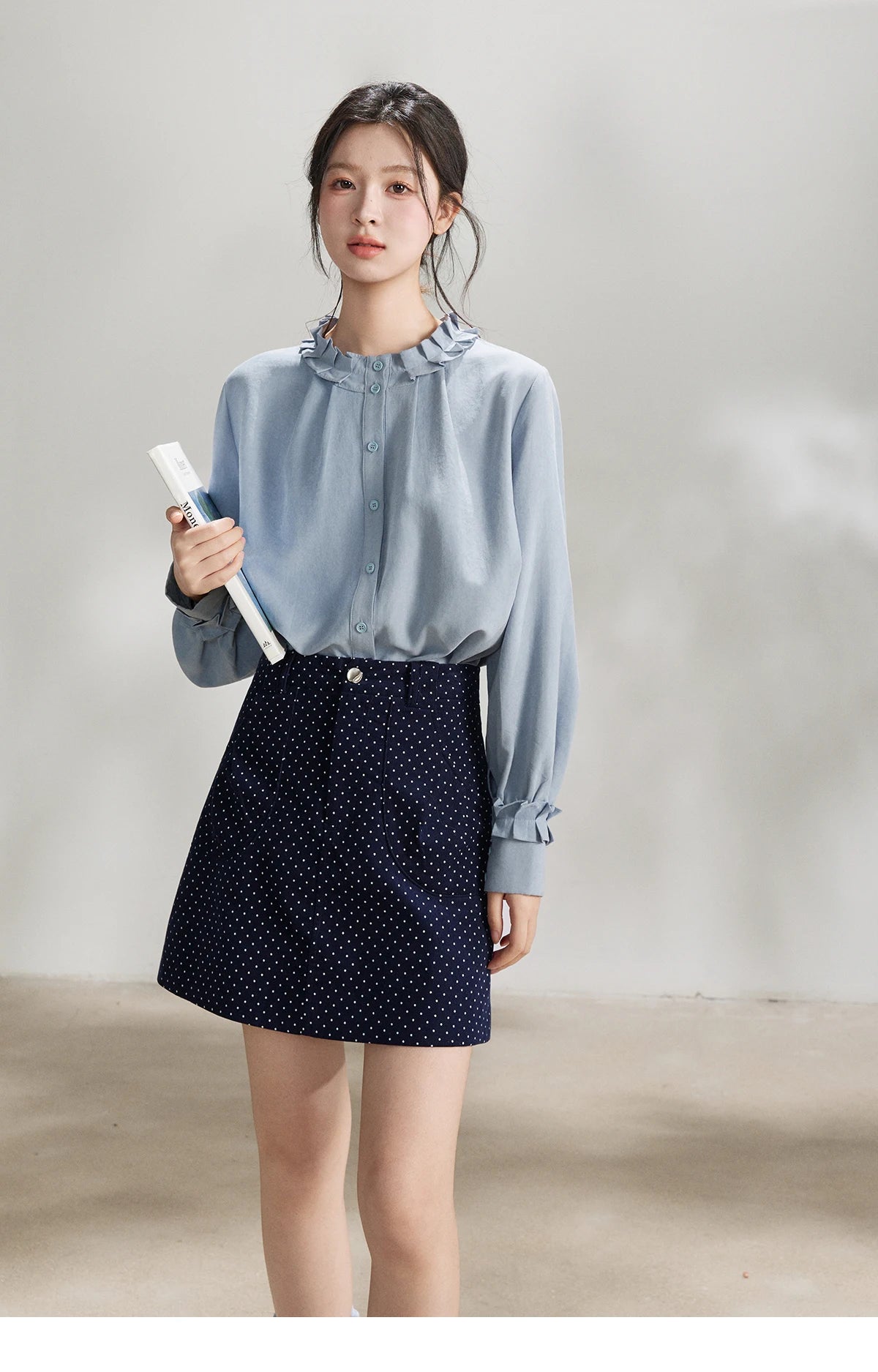 MISHOW Women's Peach Skin Solid Shirt 2026 Spring Ruffled Crew Neck Single-breasted Tops Casual Long Sleeve Shirts MXF11C2431