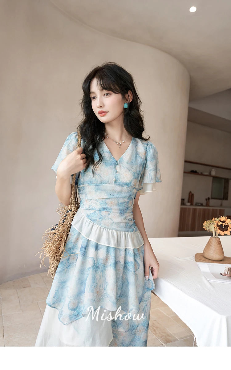 MISHOW [Van Gogh Collection] Fairycore Dresses 2025 Summer Double Layer Sleeves Asymmetrical V-Neck Printing Dress MXC39L1527