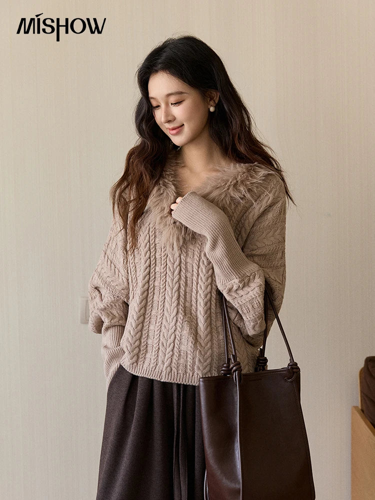MISHOW Women's Batwing Sleeve KnittedSweater 2025 Winter Faux Fur Collar Cable Knit Puff Sleeve Warm Pullover Tops MXE94Z2985