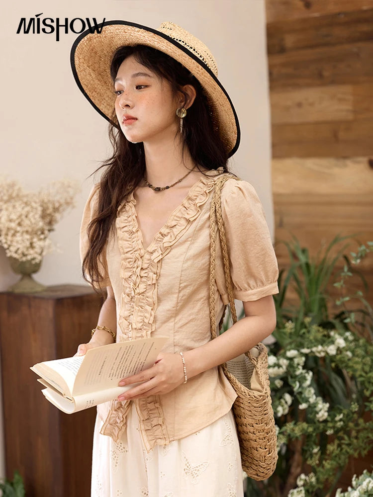 MISHOW V-Neck Blouse Puff Sleeve Fungus Edge Slim MXE35X1841