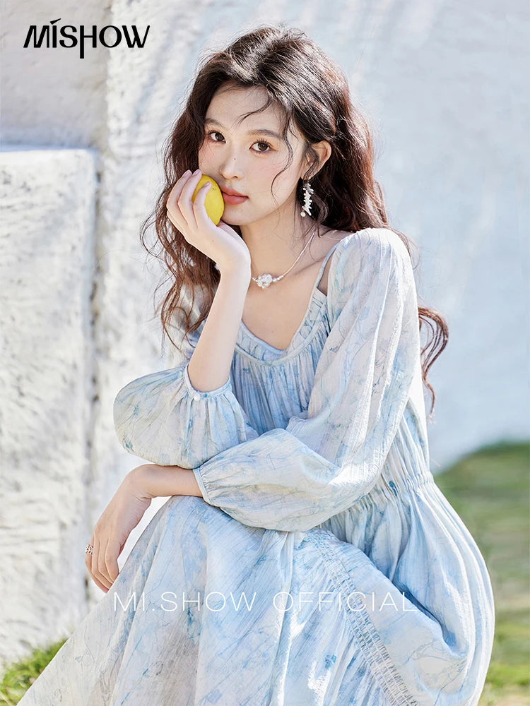 MISHOW Printed Blue Blending Chiffon Vacation Dress Spring 2025 Drawstring Waist Long Dress Lantern Sleeve Dresses MXE16L2114