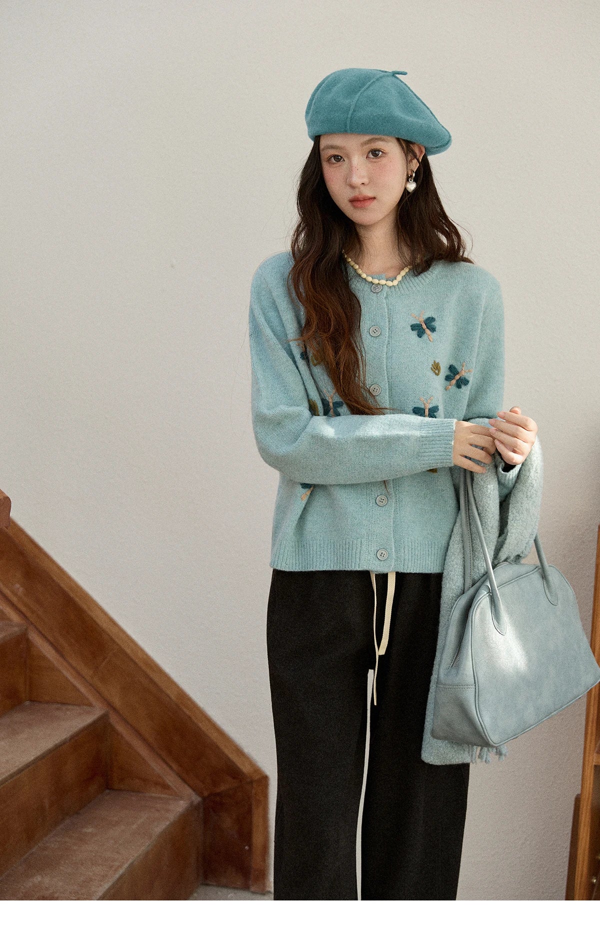 Mishow Blue Butterfly Embroidered O-Neck Cardigan MXE90Z2818